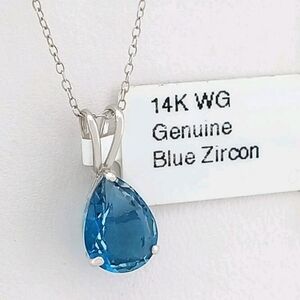 SALE! New 14K Solid White Gold Blue Zircon Pendant/925 Sterling Chain